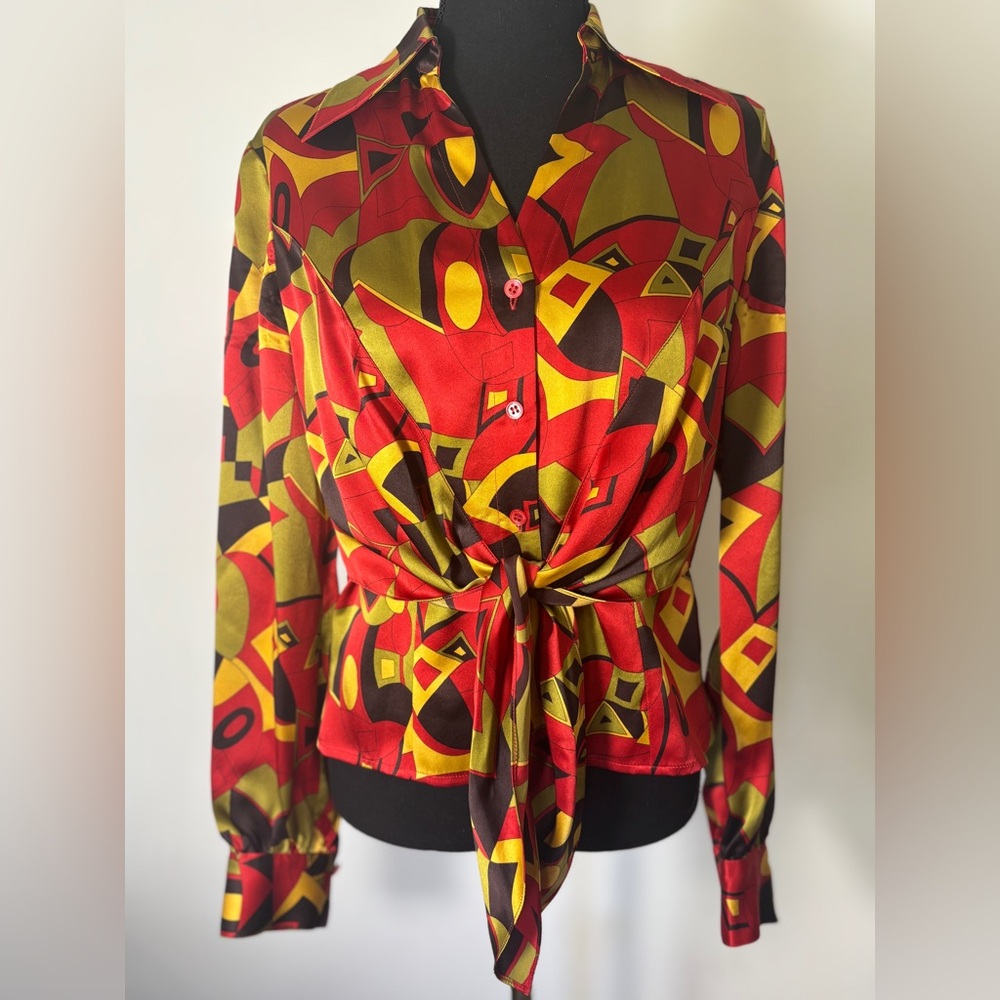 JULIANA COLLEZIONE 100% Silk Psychedelic Long Sleeve Front Tie Button Up Top SZ6